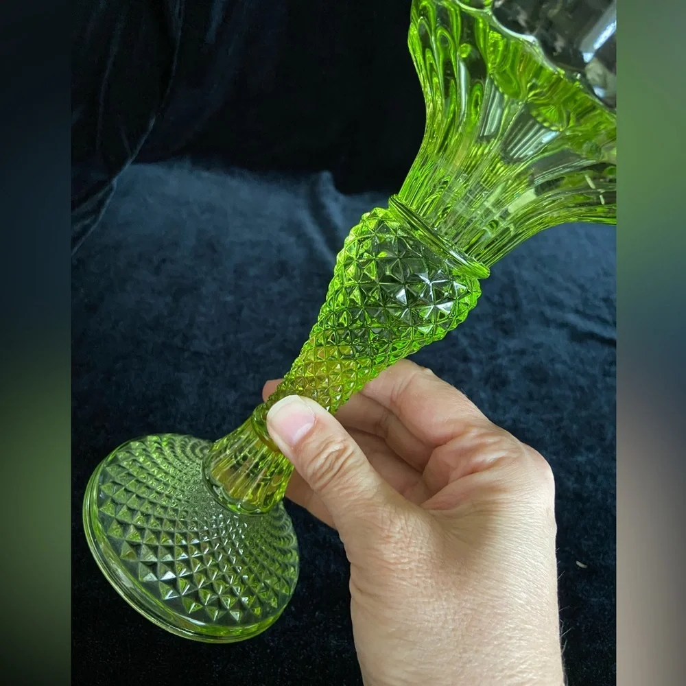Stunning Vintage Lime Green Pressed Glass Candleholder for both Taper or Pillar